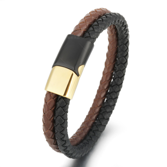 Cross-Border New Retro Men's Leather Rope Braided Multi-Layer Bracelet Stainless Steel Magnetic Clasp Bracelet Titanium Steel Jewelry