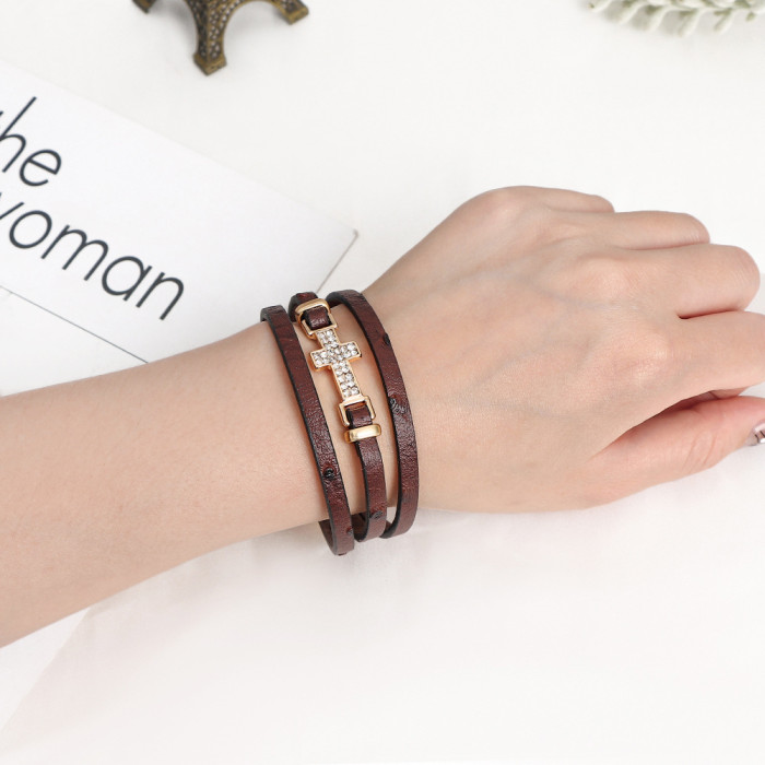 New Style Stone-Studded Cross Women's Bracelet Alloy Magnetic Clasp Multi-Layer Leather Bracelet in Stock Wholesale...