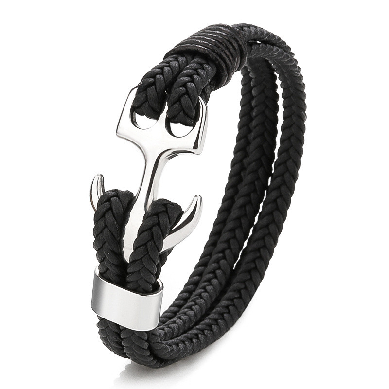 Cross-Border Retro Stainless Steel Men's Bracelet Multi-Layer Leather Microfiber Woven Titanium Steel Anchor Magnetic Bracelet Jewelry