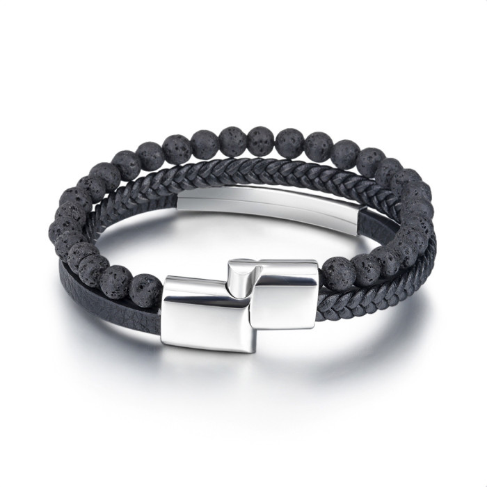 New Product Volcanic Natural Stone Beaded Stainless Steel Bracelet Men's Woven Cow Leather Jewelry Titanium Steel Bangle
