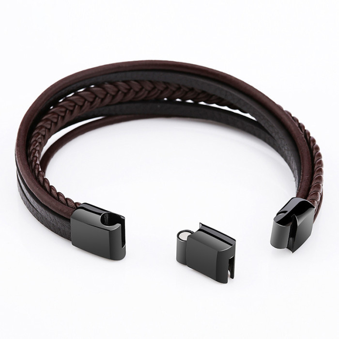E-commerce New Product Retro Hand-Woven Men's Stainless Steel Leather Bracelet Titanium Steel Bangle Jewelry