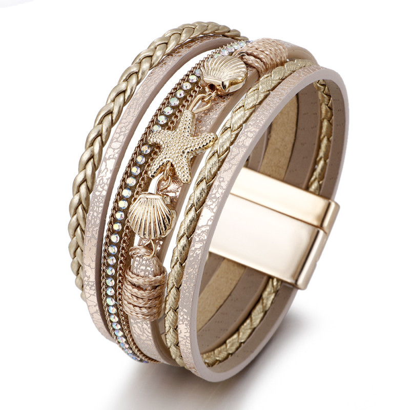 Amazon New Summer Starfish Shell Bracelet Women's Handmade Woven Leather Bohemian Bracelet In Stock