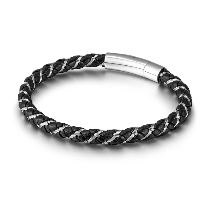 Cross-Border Jewelry Minimalist Style Hand-Woven Leather Rope Stainless Steel Couple Bracelets Unisex Design Student Bracelets