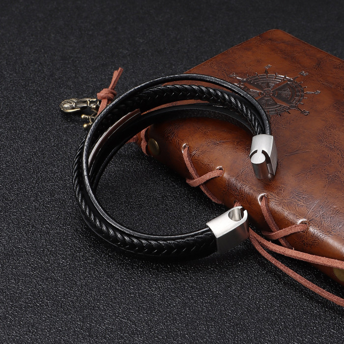 Cross-Border Hot Fashion Stainless Steel Bracelet Men's Hip-Hop Titanium Steel Leather Bracelet Multi-Layer Hand-Woven Hand Jewelry