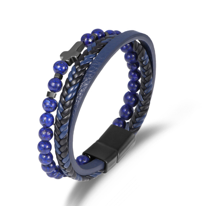 Cross-border Cross Multi-layer Black Gallstone Bracelet Personality Fashion New Woven PU Leather Bracelet Alloy Magnetic Clasp Jewelry