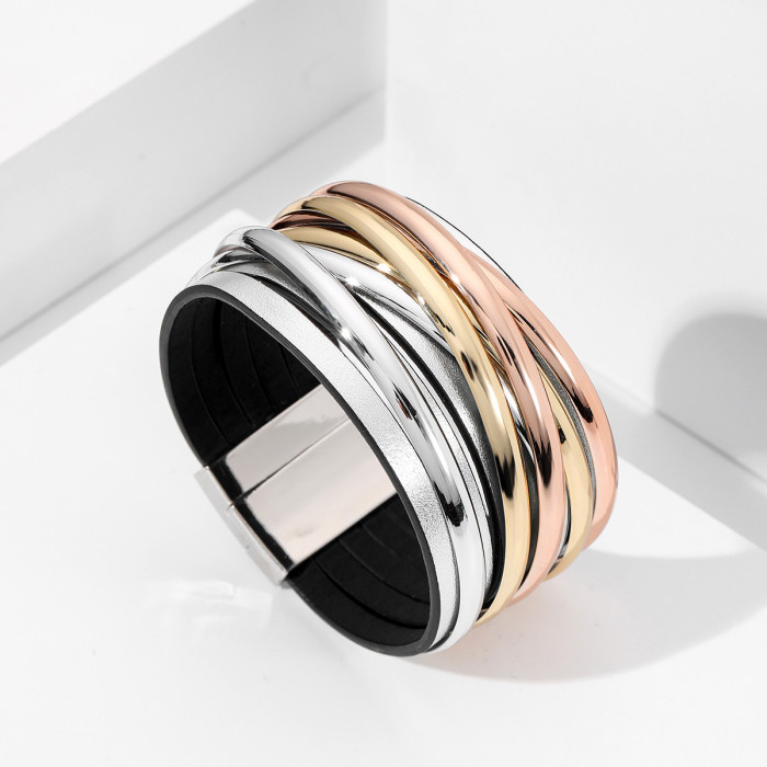 Style High-End PU Multi-Layer Leather Woven Bracelet for Women with Sequin Interlaced Design and Magnetic Clasp, In Stock