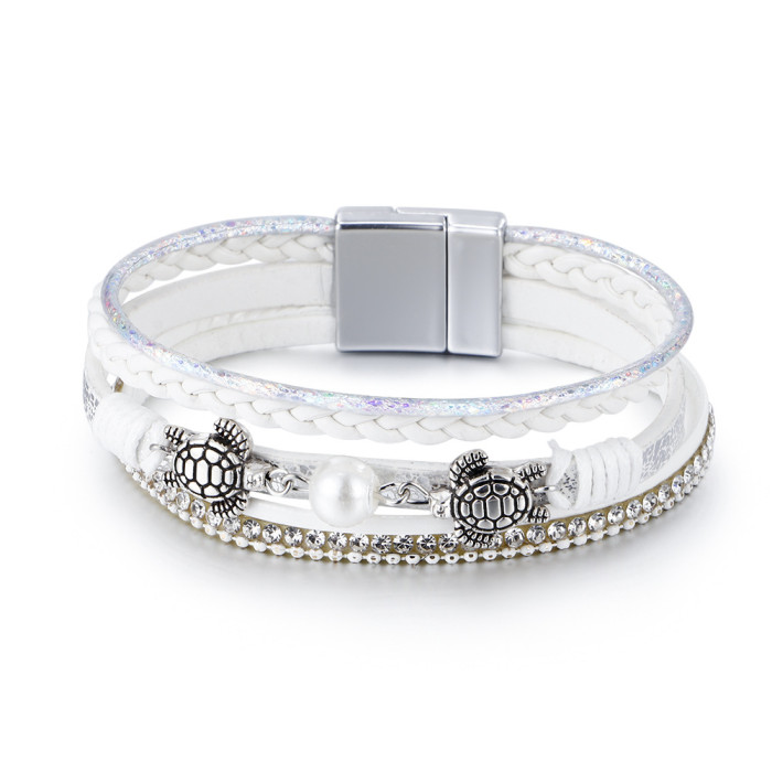Amazon Ethnic Style Pearl Turtle Magnetic Clasp Women's Bracelet Wholesale Multi-layer PU Leather Woven Bracelet in S...
