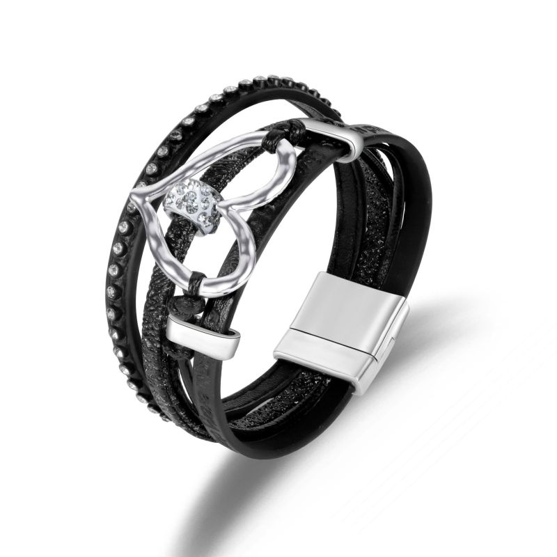 Bohemian Hollow Heart Multi-layer Leather Bracelet with Diamond Inlay and Magnetic Clasp Vintage Ethnic Style Bracelet