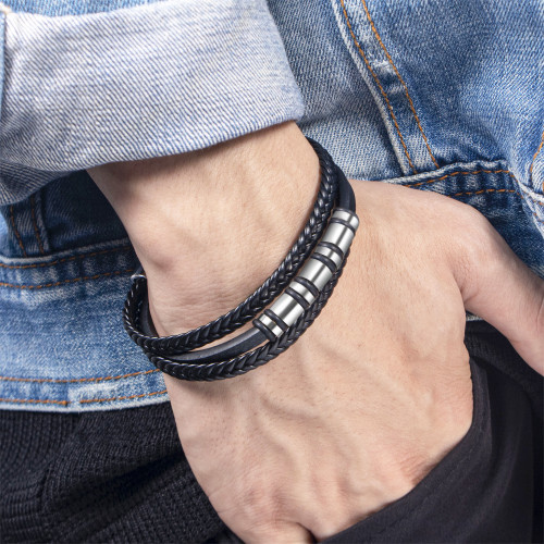Fashion Simple Leather Cord Bracelet Korean Style Men's Personality Stainless Steel Bracelet Multi-layer Braided Alloy Magnetic Clasp Jewelry