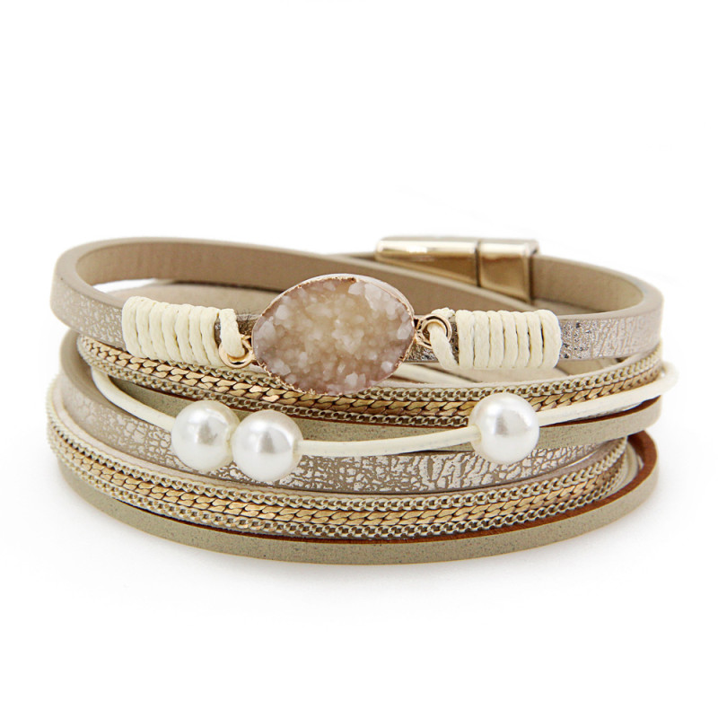Cross-Border New Product Magnetic Titanium Alloy Leather Rope Woven Pearl Crushed Stone Women's Bracelet Accessories European and American Jewelry Bangle