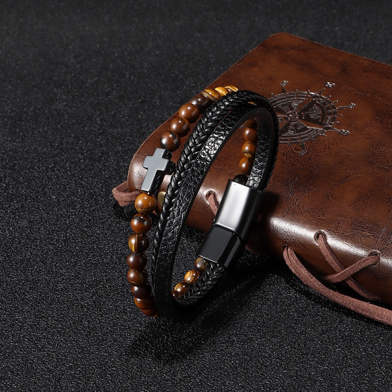 Original Design European and American Style Cross Natural Stone Bracelet Wholesale European and American Style Men's Tiger Eye Stone Beaded Bracelet