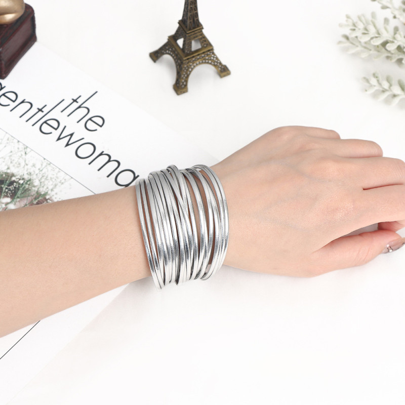 Amazon New European and American Fashion Multi-layer PU Leather Stackable Women's Bracelet Versatile European and American Style Personality Bangle
