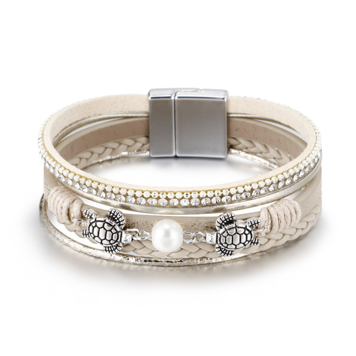 Amazon Ethnic Style Pearl Turtle Magnetic Clasp Women's Bracelet Wholesale Multi-layer PU Leather Woven Bracelet in S...