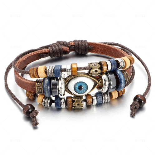 Cross-Border Trendy Ethnic Style Multi-Layer Cowhide Hand-Woven Beaded Eye Leather Cord Bracelet Adjustable Couple Bracelet