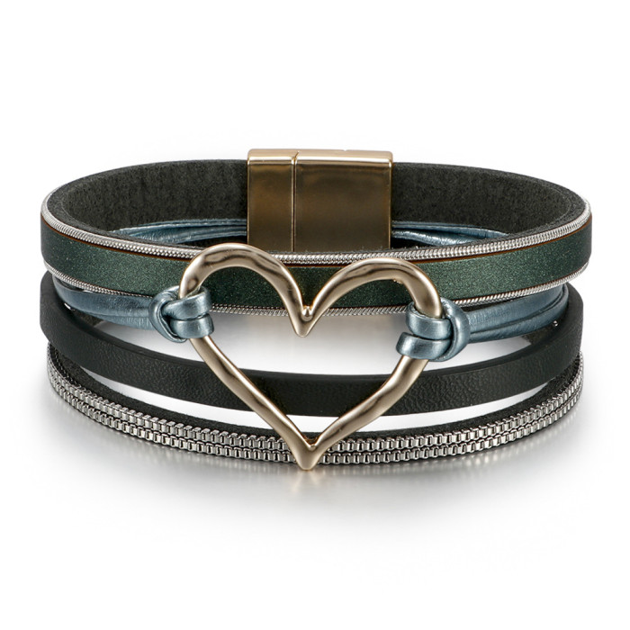 Amazon Bohemian Style Multi-Layer Leather Heart Bracelet for Women Fashion Magnetic Clasp Bracelet in Stock