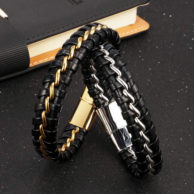 Cross-Border Hot Sale Retro Multi-Layer Woven Leather Steel Wire Mixed Bracelet Men's Titanium Steel Personalized Bangle In Stock Wholesale