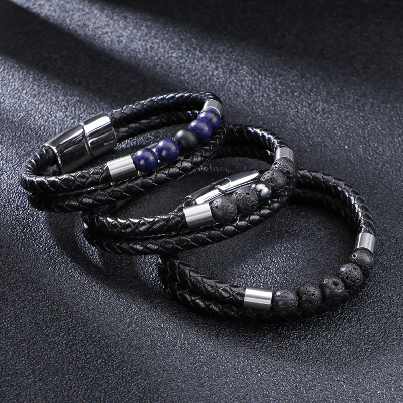 Cross-Border E-Commerce Simple Natural Stone Volcanic Stone Beads Titanium Steel Bracelet Men's Stainless Steel Bracelet Jewelry