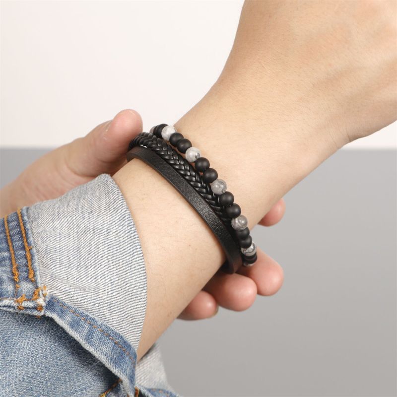 New Fashion Men's Beaded Bracelet Simple Woven Leather Bracelet High-end Versatile Alloy Magnetic Clasp Jewelry