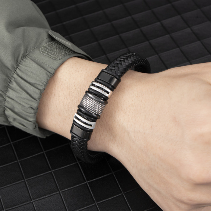 Simple Leather Bracelet New Leather Woven Hand Accessories Wholesale Retro Style Men's Stainless Steel Magnetic Clasp...
