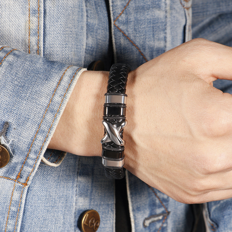 New Retro Letter X Stainless Steel Leather Woven Bracelet Fashion Men's Titanium Steel Bangle Jewelry Cross-Border In Stock