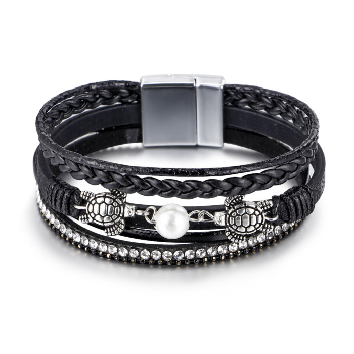 Amazon Ethnic Style Pearl Turtle Magnetic Clasp Women's Bracelet Wholesale Multi-layer PU Leather Woven Bracelet in S...