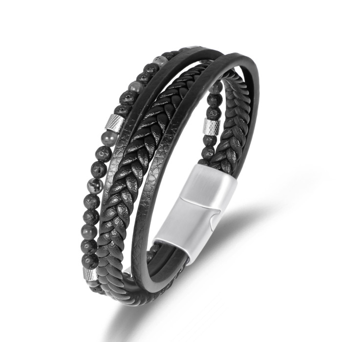 Fashion Versatile Men's Woven Leather Bracelet Simple Natural Stone Beaded Bracelet Stainless Steel Magnetic Clasp Je...
