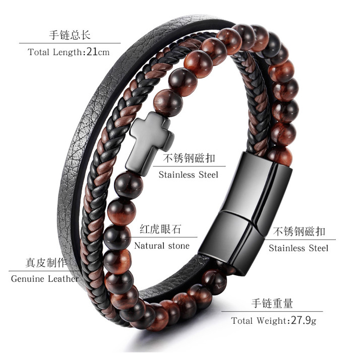 Hot Sale Stainless Steel Natural Tiger Eye Agate Stone Cross Bracelet Men's Titanium Steel Multi-Layer Braided Leather Bracelet
