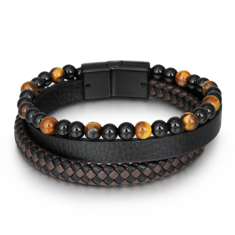 Amazon Original Multi-layer Woven European and American Bracelet Multi-layer Tiger Eye Natural Stone Beaded Bracelet Men's Leather Bracelet
