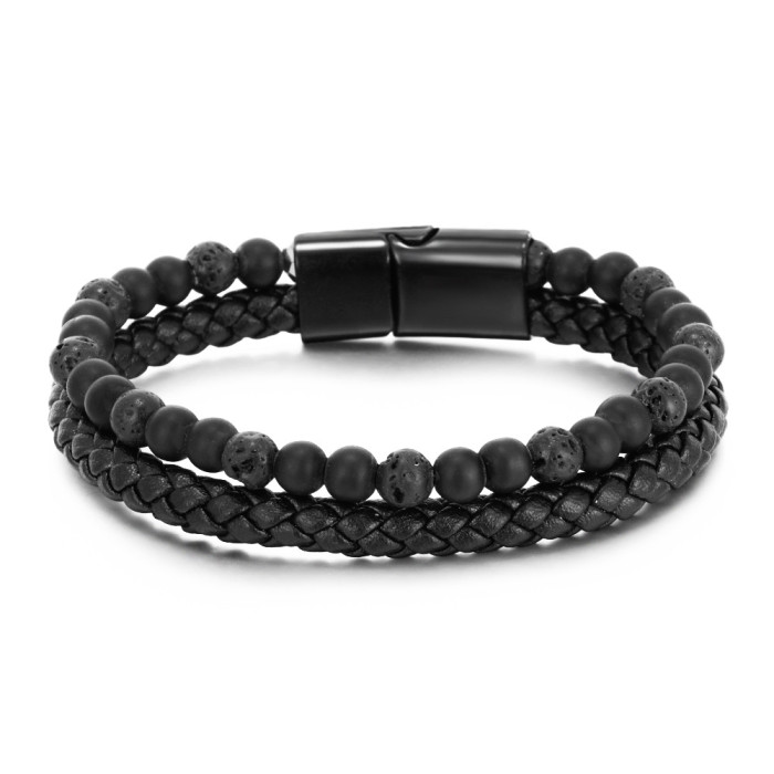 Simple Handwoven Leather Natural Tiger Eye Stone Bracelet Handwoven Volcanic Stone Beaded Men's Bracelet in Stock