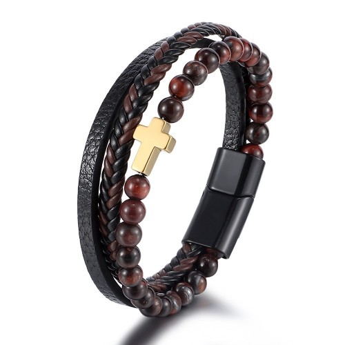Original Design European and American Style Cross Natural Stone Bracelet Wholesale European and American Style Men's Tiger Eye Stone Beaded Bracelet