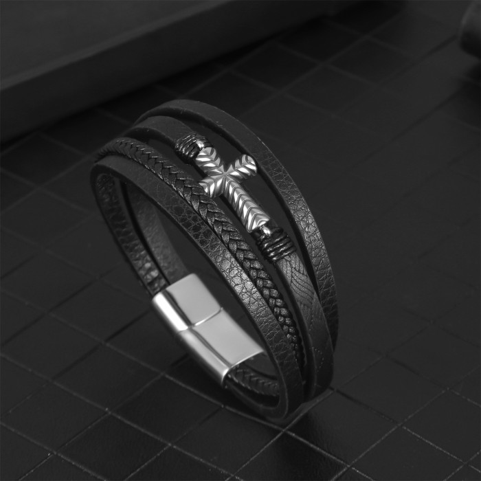 Simple Men's Woven Bracelet Fashion Versatile Multi-layer Leather Cross Jewelry Style Stainless Steel Bracelet