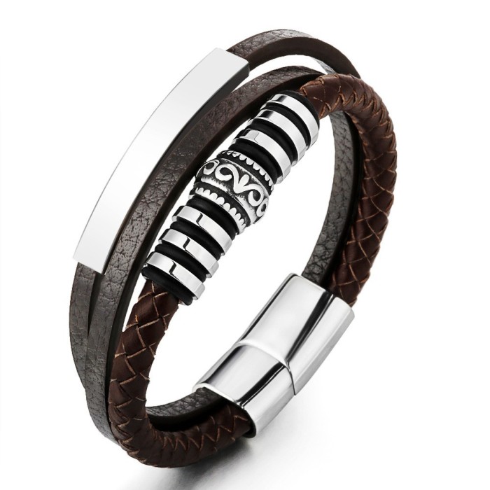 Amazon Cow Leather Woven Stainless Steel Bracelet Men's Titanium Steel Bangle Jewelry New Arrival Accessories