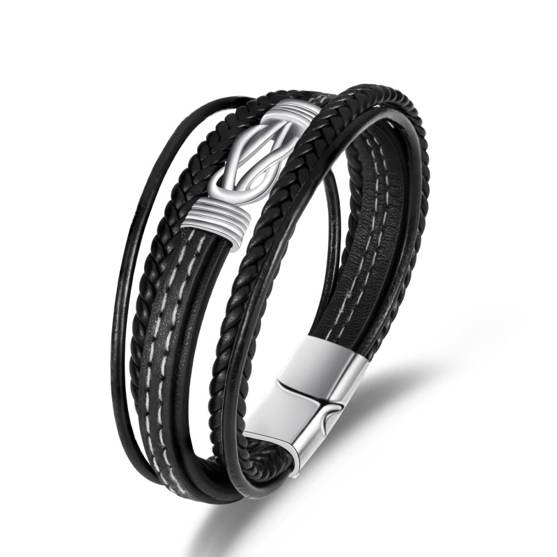 Amazon New 8-Character Wireless Symbol Leather Cord Bracelet for Men, European and American Style, Personalized Retro Multi-Layer Woven Leather Bracelet