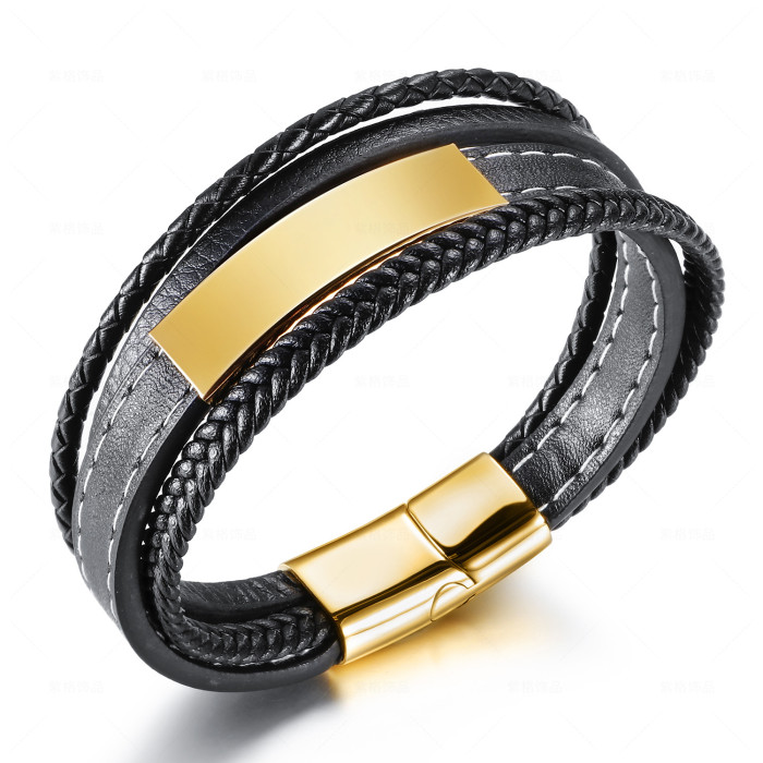 E-commerce Original Handmade Threaded Multi-Layer Leather Woven Stainless Steel Bracelet Men's Titanium Steel Bangle Jewelry