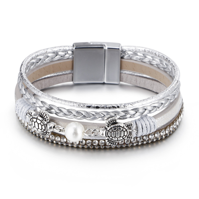 Amazon Ethnic Style Pearl Turtle Magnetic Clasp Women's Bracelet Wholesale Multi-layer PU Leather Woven Bracelet In Stock