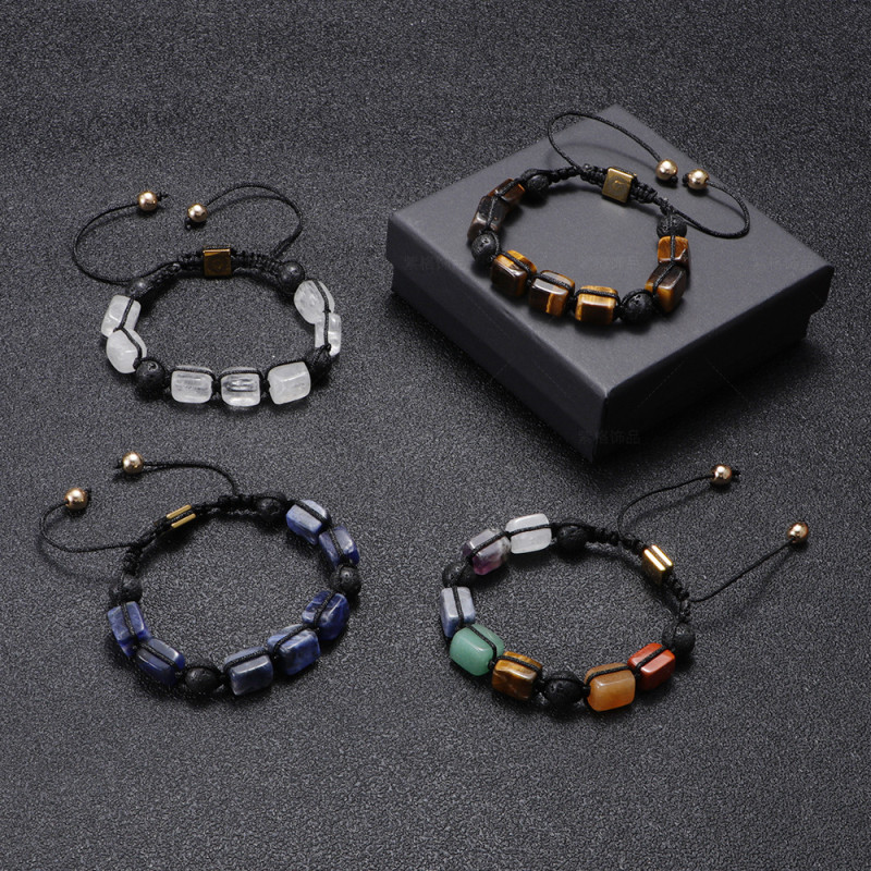 Cross-border Hot Selling Natural Volcanic Stone White Crystal Bracelet for Men and Women Fashion Hand-woven Rectangular Agate Bracelet