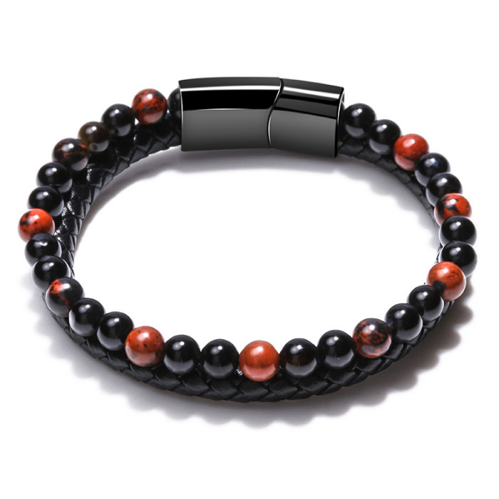 Simple Handwoven Leather Natural Tiger Eye Stone Bracelet Handwoven Volcanic Stone Beaded Men's Bracelet in Stock