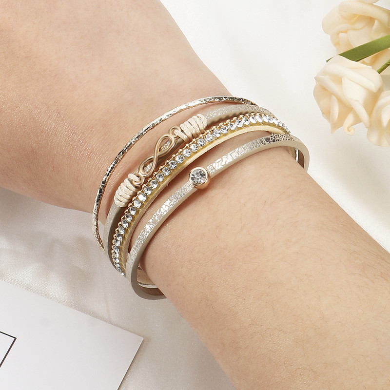 Cross-Border Hot Sale Bohemian Infinity Symbol Bracelet for Women with Crushed Diamonds Magnetic Clasp Woven Leather Inlaid Diamond Bracelet