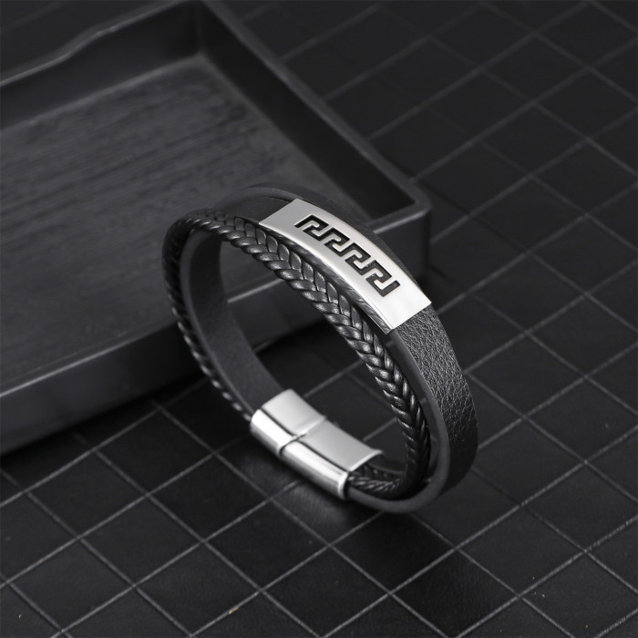 Amazon New Zinc Alloy PU Leather Bracelet Simple Fashion Titanium Steel Jewelry Wholesale Men's Woven Bracelet