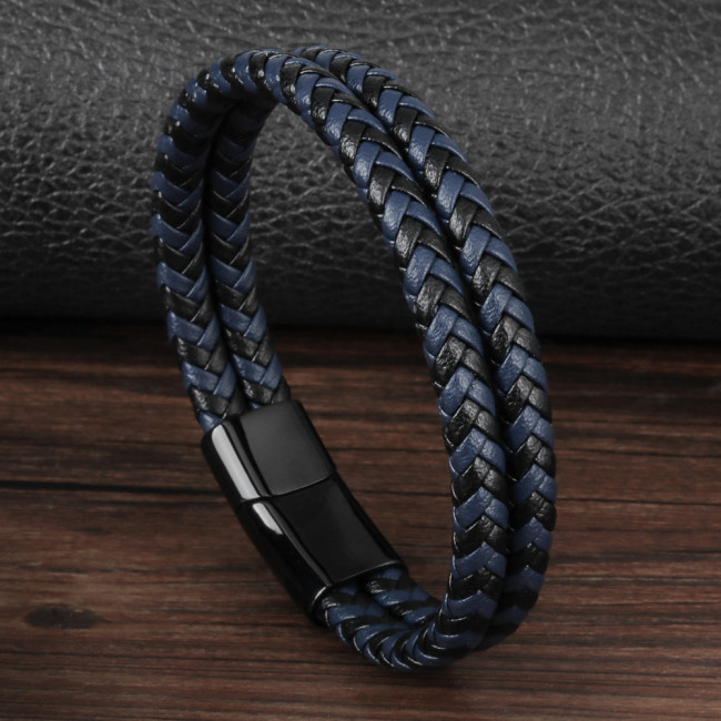 Amazon European and American Handmade Woven Bracelet Stainless Steel Leather Cord Bracelet Men's Titanium Steel Bracelet Jewelry In Stock Wholesale