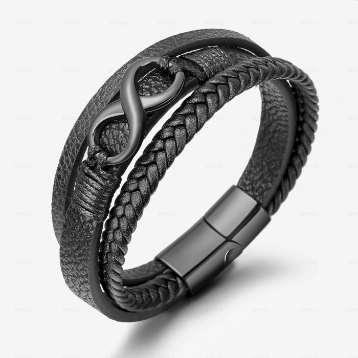 Hot Sale Handmade Braided Rope Cowhide 8-Shaped Magnetic Clasp Stainless Steel Men's Bracelet Style Titanium Steel Ba...