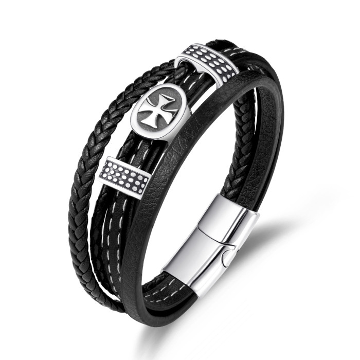 Fashion Trendy Men's Handmade Stitched Leather Stainless Steel Bracelet Multi-layer Men's Cross Braided Leather Bracelet