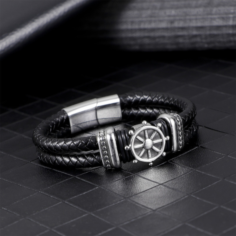 European and American Trend Pirate Leather Bracelet Personalized Leather Woven Stainless Steel Magnetic Clasp Bracelet Fashion Men's Leather Jewelry
