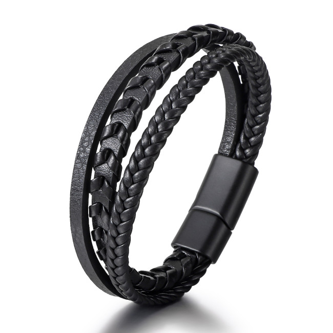 Fashion Woven PU Leather Zinc Alloy Magnetic Clasp Bracelet Handmade Unisex Bangle Trendy Cool Jewelry