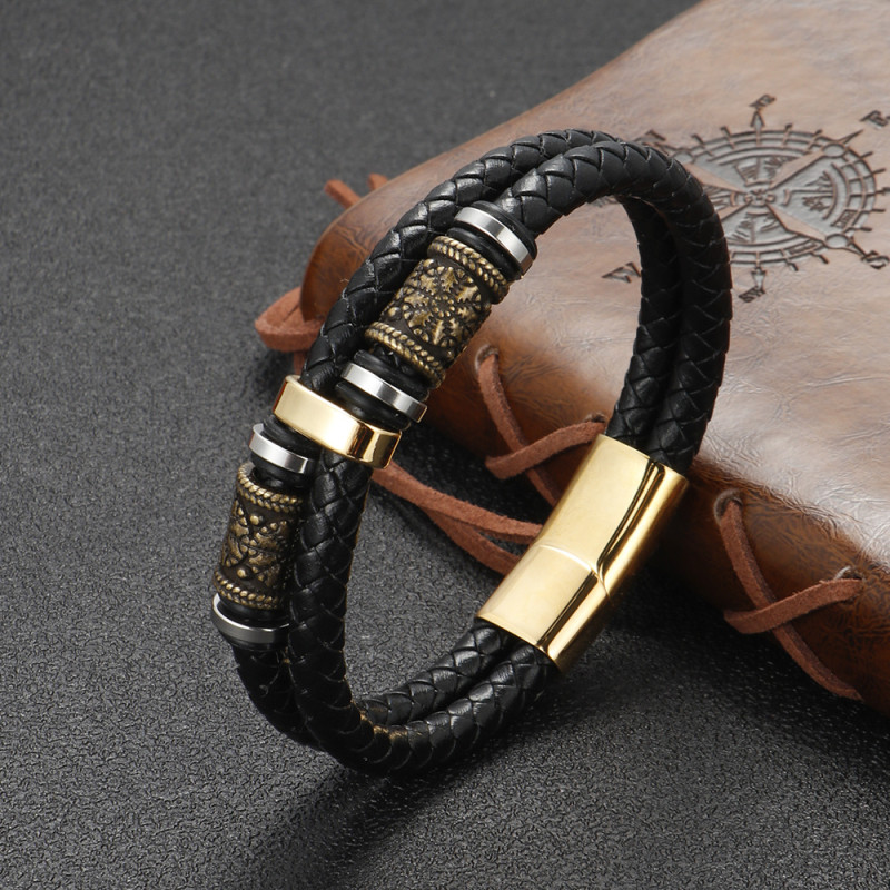 Nordic Viking Men's Multi-layer Leather Braided Bracelet Stainless Steel Magnetic Clasp Leather Cord Bracelet Jewelry In Stock Wholesale