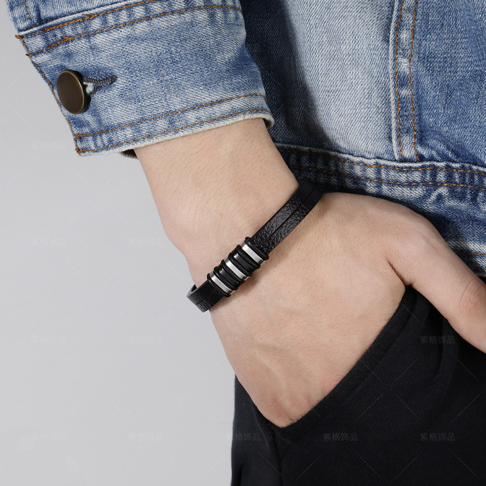 2022 Cross-Border Stainless Steel Men's Leather Bracelet Original Simple Versatile E-commerce New Product Bracelet