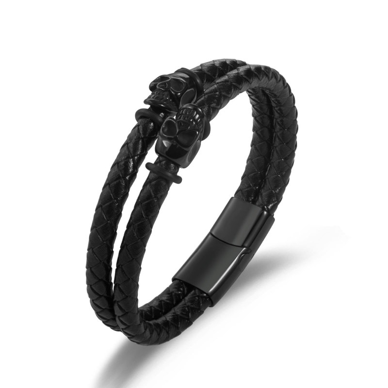 Punk Style Stainless Steel Skull Bracelet Men's Magnet Buckle Ghost Head Leather Handmade Woven Multi-layer Genuine Leather Bracelet
