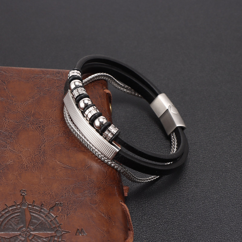 Cross-Border New Product Stainless Steel Genuine Leather Bracelet Men's European and American Style Steel Color Matte Magnetic Clasp Bracelet In Stock Wholesale