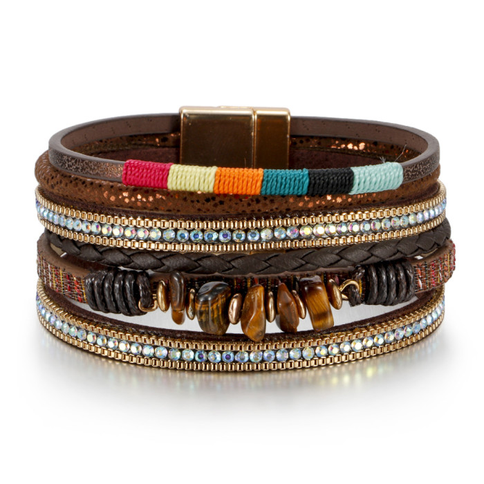 Amazon Hot Selling Foreign Trade Turquoise Bracelet Women's Bohemian Colorful Rope Braided Multi-Layer Leather Bracelet