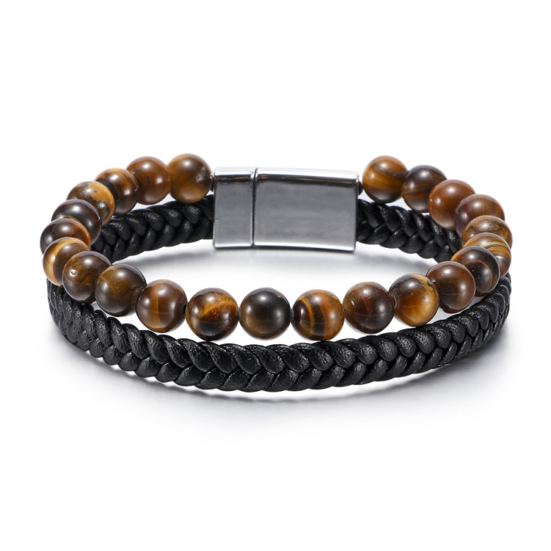 European and American Cross-Border Simple Leather Tiger Eye Beaded Natural Stone Bracelet Wholesale European and American Men's Cowhide Rope Agate Bracelet